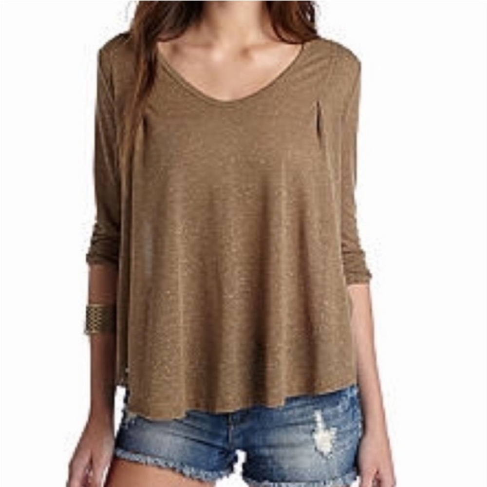 Free People Olive Green Brown Tambourine Swing Loose 3/4 Sleeve Top Small